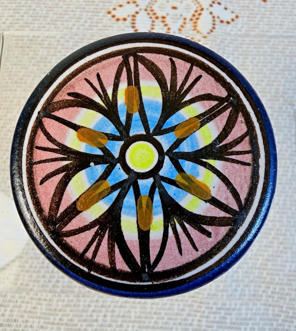 Cefalù Hand-Painted Ceramic Round Trinket Box w/ Lid Geometric Floral Blue